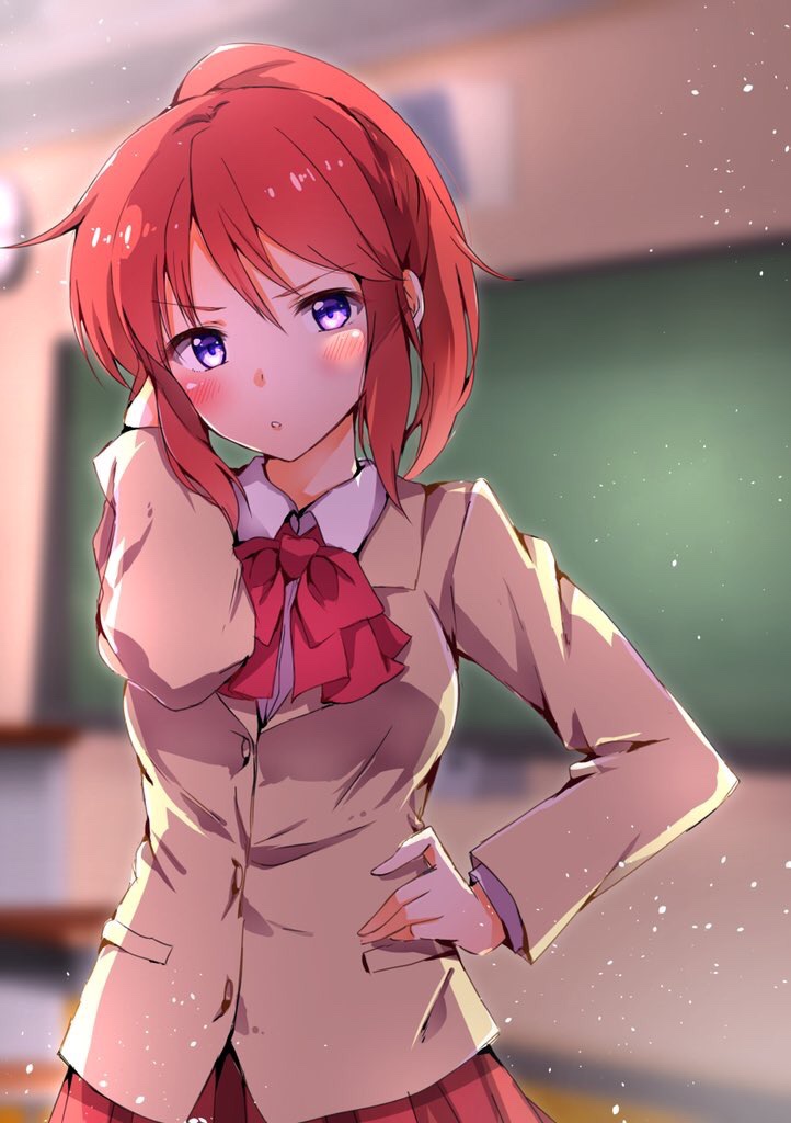 ca2la, shinjou shian, jikkyou powerful pro yakyuu, power pro kun pocket, power pro kun pocket 10, commentary request, 1girl, blazer, blurry, blurry background, bow, bowtie, brown hair, brown jacket, chalkboard, hand in own hair, hand on own hip, high ponytail, indoors, jacket, ponytail, purple eyes, red bow, red bowtie, red skirt, school uniform, shirt, skirt, solo, white shirt