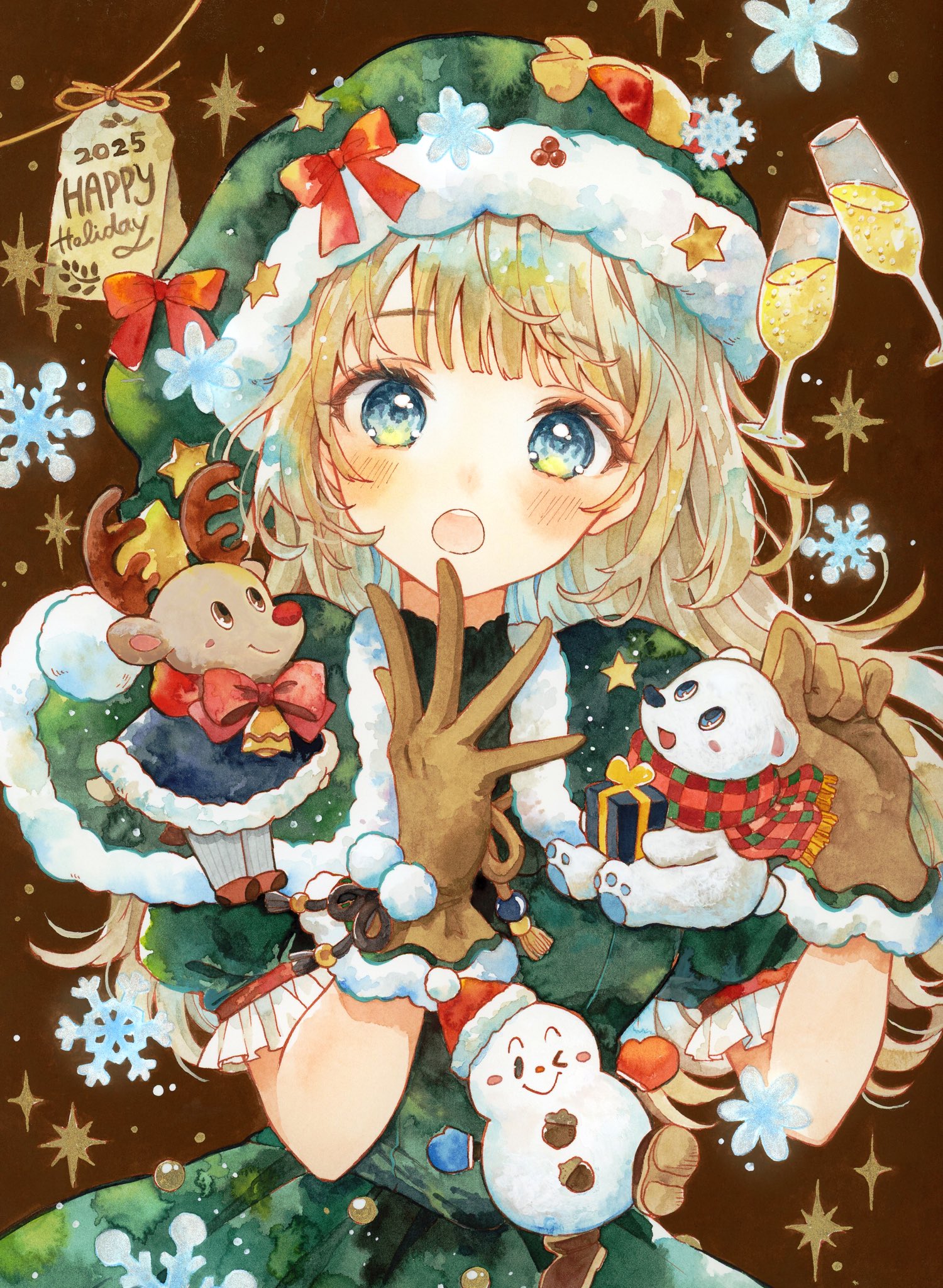 yuyuharu 1027, original, commentary, highres, 1girl, 2025, :o, blonde hair, blue eyes, blush, box, brown background, brown gloves, capelet, cup, dress, drinking glass, fur-trimmed capelet, fur-trimmed gloves, fur trim, gift, gift box, gloves, green capelet, green dress, green hat, hands up, happy holidays, hat, hat ornament, long hair, looking at viewer, open mouth, pink ribbon, ribbon, snowman, solo, star (symbol), star hat ornament, upper body, wine glass, wispy bangs