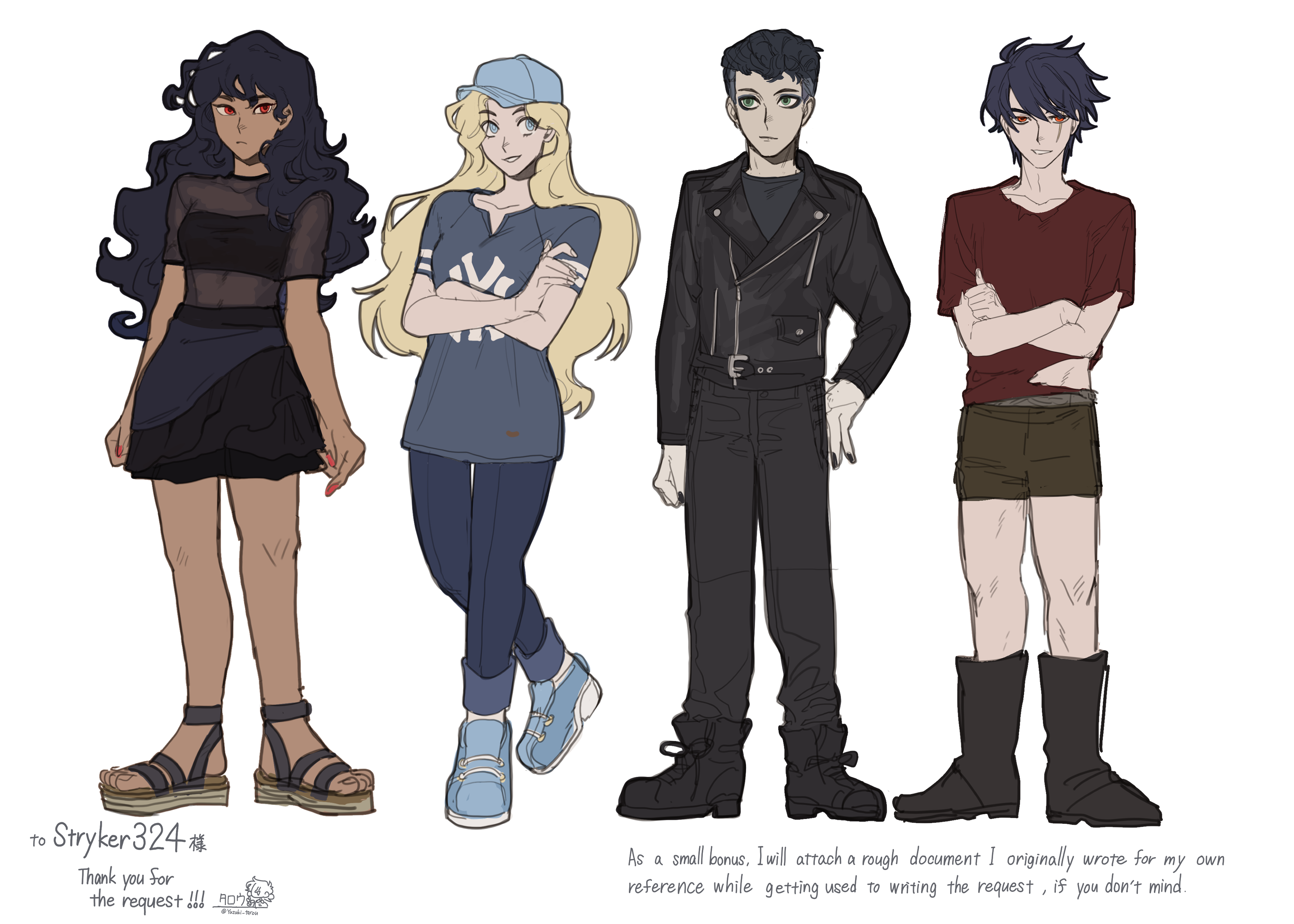 tarou (tarou oz), original, absurdres, commentary, commission, commissioner upload, english commentary, highres, skeb commission, 2boys, 2girls, areui (stryker324), arms at sides, artist name, baseball cap, black boots, black hair, black jacket, black skirt, blonde hair, blue eyes, blue hat, blue shirt, boots, commissioner name, crossed arms, dark skin, denim, english text, eric (stryker324), eyeshadow, green eyes, hand on own hip, hat, jacket, jeans, lineup, long hair, makeup, messy hair, midriff, multiple boys, multiple girls, pants, red eyes, red nails, red shirt, refia (stryker324), sandals, scar, scar across eye, scar on face, see-through clothes, shirt, shoes, shorts, skirt, sneakers, tan, thank you, torn clothes, vera (stryker324), white background