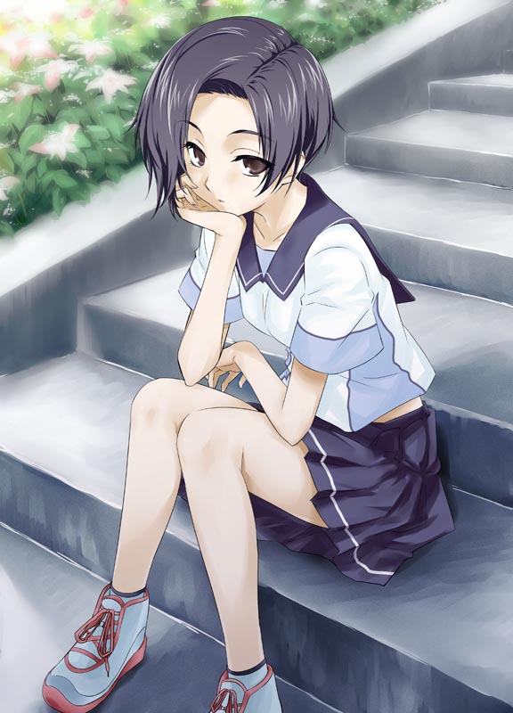 nakahira guy, kobayakawa rinko, love plus, 1girl, black hair, brown eyes, female focus, head rest, school uniform, shoes, sitting, sitting on stairs, solo, stairs