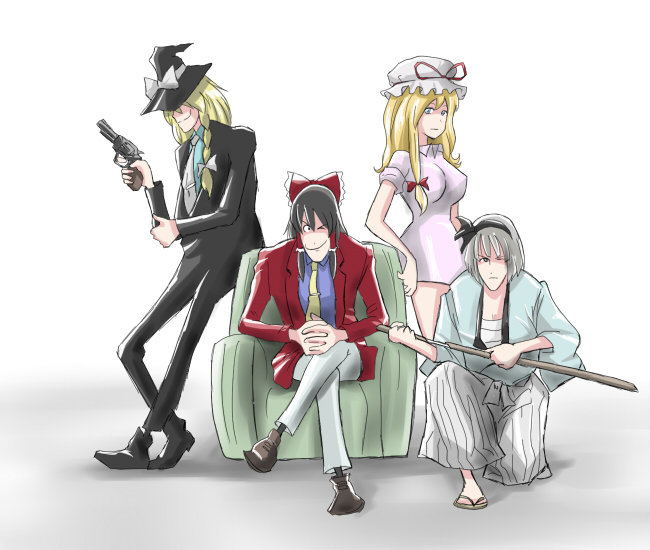 ao usagi, arsene lupin iii, hakurei reimu, ishikawa goemon xiii, jigen daisuke, kirisame marisa, konpaku youmu, mine fujiko, yakumo yukari, lupin iii, touhou, silver hair, 4girls, blonde hair, bow, braid, brown hair, female focus, formal clothes, gun, hair bow, hairband, handgun, hat, katana, multiple girls, necktie, pants, parody, pistol, short hair, style parody, suit, sword, weapon