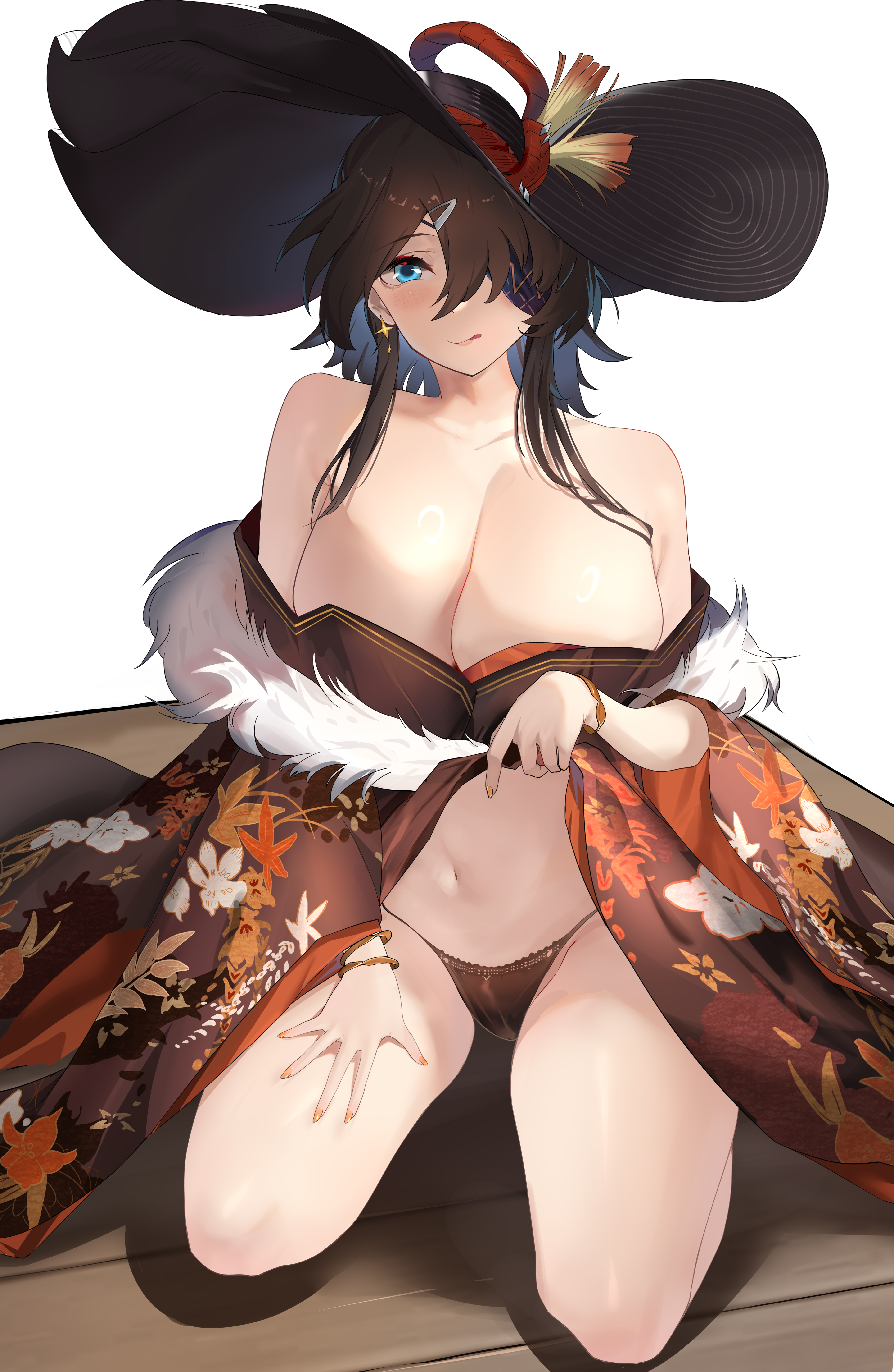 zi liuluo, georgia (azur lane), georgia (exalted vibrance) (azur lane), azur lane, absurdres, commentary request, highres, 1girl, bare shoulders, black hat, blue eyes, breasts, brown kimono, brown panties, cleavage, floral print, floral print kimono, fur-trimmed kimono, fur trim, hair over one eye, hat, huge breasts, japanese clothes, kimono, kneeling, lace, lace-trimmed panties, lace trim, large hat, long sleeves, looking at viewer, navel, official alternate costume, panties, print kimono, simple background, solo, underwear, white background, wooden floor