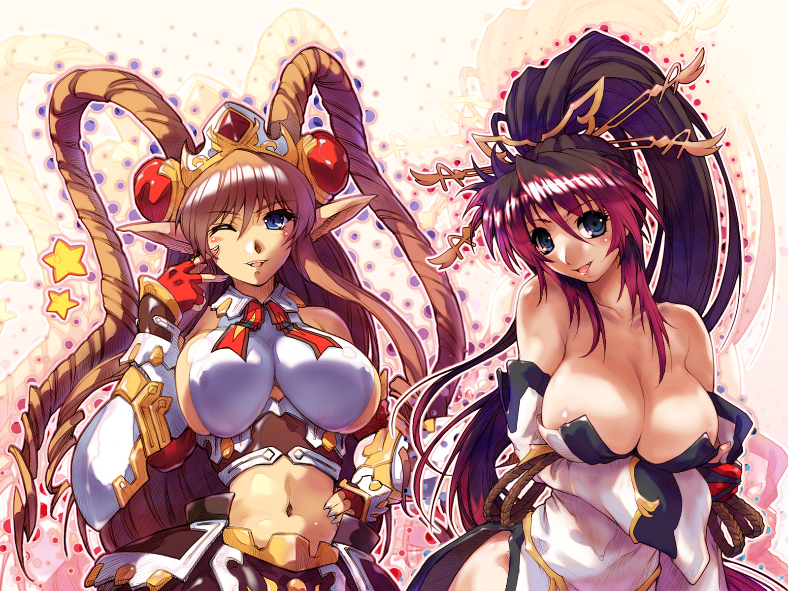hisahiko, nanbu kaguya, neige hausen, banpresto, super robot wars, super robot wars og saga mugen no frontier, super robot wars og saga mugen no frontier exceed, breast hold, highres, 2girls, black hair, blue eyes, blush, breasts, brown hair, cleavage, covered erect nipples, dress, female focus, huge breasts, large breasts, long hair, looking at viewer, midriff, multicolored hair, multiple girls, navel, one eye closed, pointy ears, ponytail, red hair, sideboob, strapless, strapless dress, two-tone hair, wink