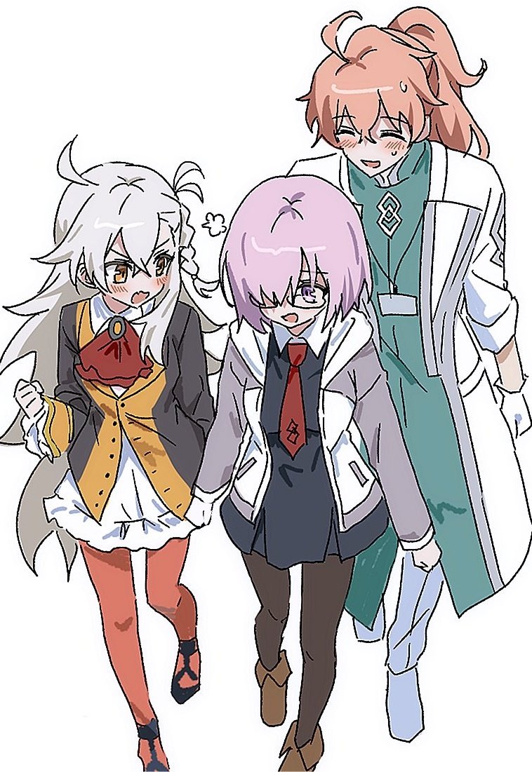 syst098, mash kyrielight, olga marie animusphere, romani archaman, fate/grand order, fate (series), 1boy, 2girls, antenna hair, ascot, black pantyhose, blush, braid, brown shoes, cape, closed eyes, glasses, gloves, grey hair, hood, hood down, hooded cape, lab coat, long hair, looking at another, multiple girls, open mouth, orange hair, orange pantyhose, pantyhose, pink eyes, pink hair, ponytail, red ascot, shoes, short hair, simple background, white background, white gloves, white shoes, yellow eyes