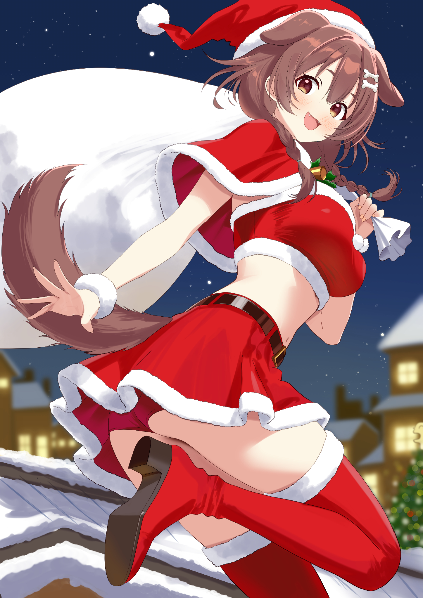 taiyakisun, inugami korone, hololive, commentary request, highres, 1girl, alternate costume, animal ears, bone hair ornament, boots, braid, breasts, brown eyes, brown hair, dog ears, dog girl, dog tail, fur-trimmed boots, fur-trimmed headwear, fur-trimmed skirt, fur-trimmed tube top, fur trim, hair ornament, high heel boots, high heels, holding, holding sack, looking at viewer, medium breasts, medium hair, open mouth, red boots, red skirt, red tube top, sack, santa costume, skirt, smile, solo, strapless, tail, thigh boots, tube top, twin braids, virtual youtuber