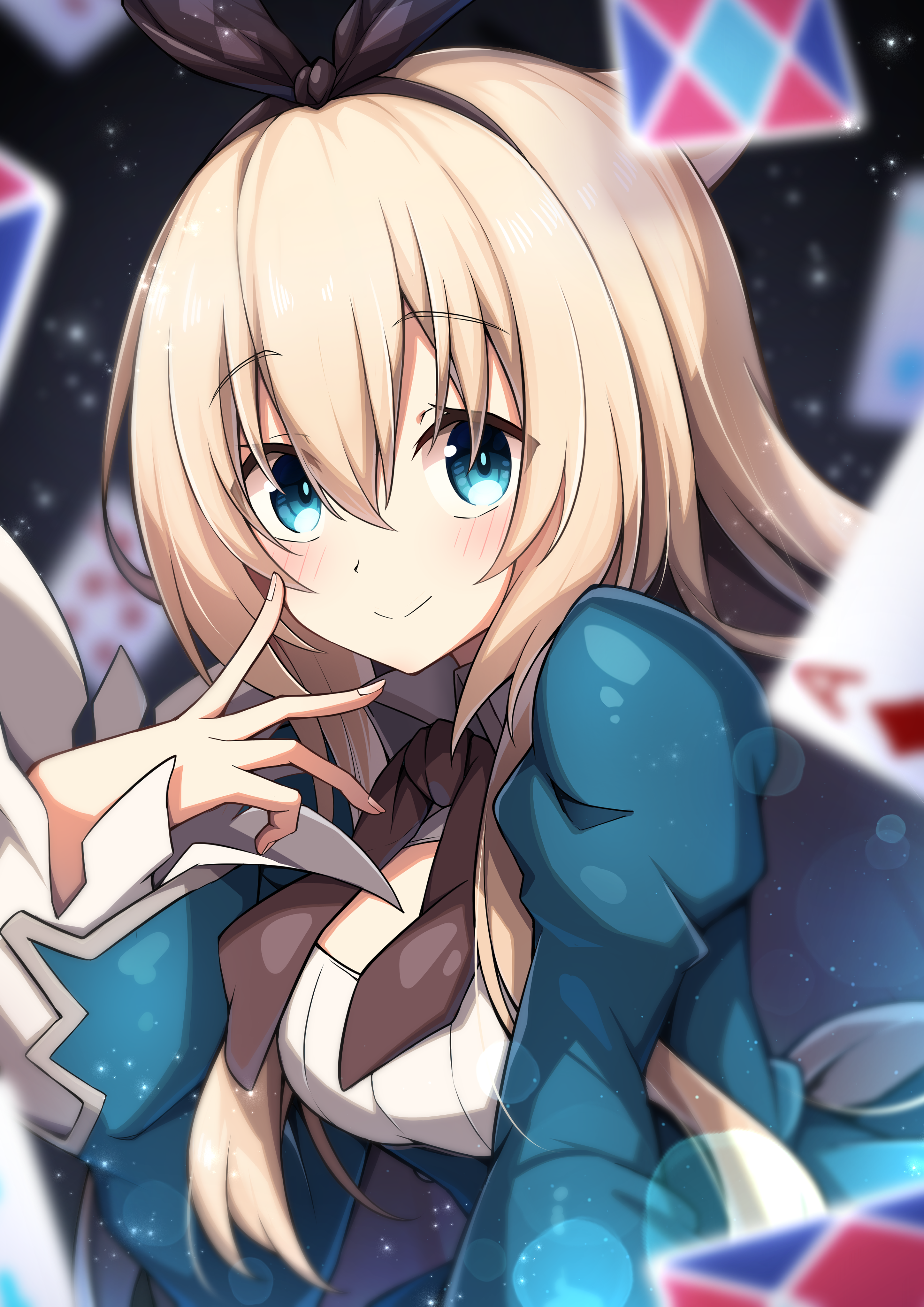 ruisuke, alice (grimms notes), alice (original) (grimms notes), grimms notes, absurdres, highres, 1girl, blonde hair, blue dress, blue eyes, breasts, brown neckerchief, card, closed mouth, dress, fingernails, hair between eyes, juliet sleeves, long hair, long sleeves, looking at viewer, neckerchief, playing card, puffy sleeves, solo, upper body, wide sleeves