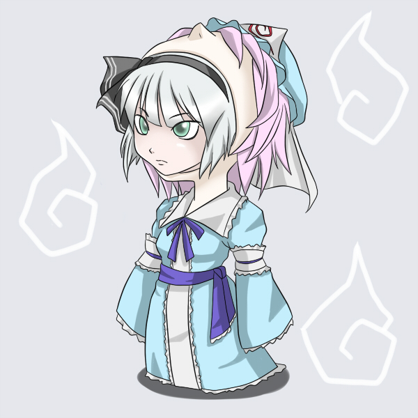 ao usagi, konpaku youmu, saigyouji yuyuko, touhou, silver hair, 1girl, female focus, fusion, green eyes, hairband, hat, japanese clothes, pink hair, short hair, solo, vore