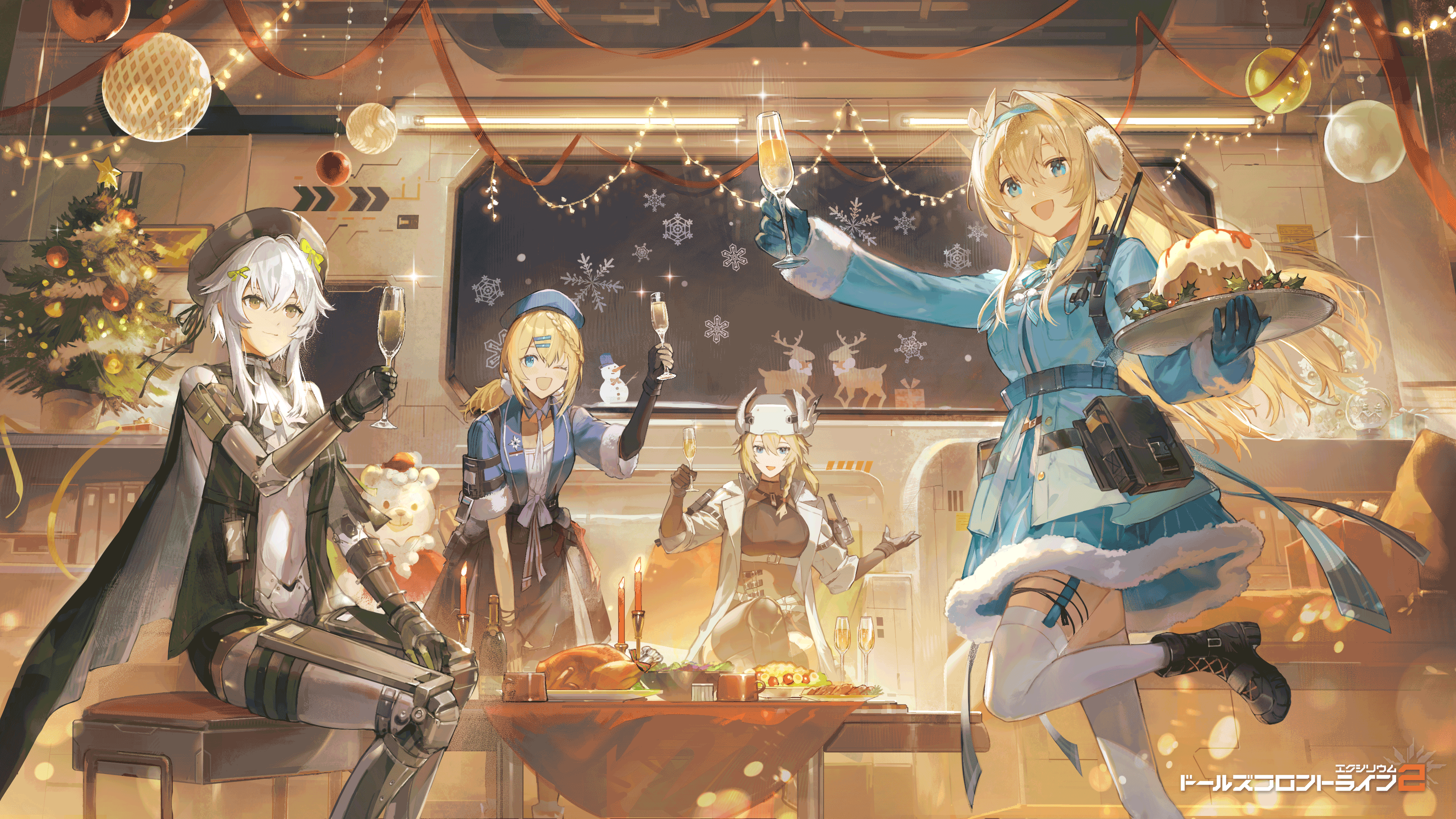 chibi (shimon), dushevnaya (girls' frontline 2), ksvk (girls' frontline), mosin-nagant (girls' frontline), mosin-nagant (girls' frontline 2), papasha (girls' frontline 2), ppsh-41 (girls' frontline), suomi (girls' frontline), suomi (girls' frontline 2), girls' frontline, girls' frontline 2: exilium, absurdres, commentary request, highres, official art, second-party source, 4girls, alcohol, android, ascot, black gloves, black hat, black skirt, blonde hair, blue eyes, blue gloves, blue hairband, blue hat, blue jacket, blue skirt, bundt cake, cake, candle, candlestand, champagne, champagne flute, christmas, christmas ornaments, christmas present, christmas tree, copyright name, crossed legs, cup, drinking glass, fingerless gloves, food, fur-trimmed jacket, fur-trimmed skirt, fur trim, gift, gloves, grey hair, hair between eyes, hair intakes, hair ornament, hairband, hairclip, hat, holding, holding tray, indoors, jacket, jewelry, leaning forward, long sleeves, looking at viewer, mechabare, mistletoe, multiple girls, necklace, one eye closed, open mouth, short sleeves, sitting, skirt, smile, standing, standing on one leg, striped clothes, striped skirt, thighhighs, tray, turkey (food), ushanka, white hat, white thighhighs, yellow eyes