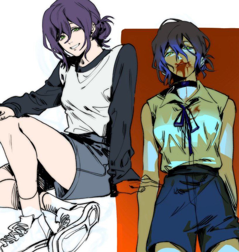 iria arts, reze (chainsaw man), chainsaw man, commentary, english commentary, 1girl, bare arms, bare shoulders, black choker, black ribbon, black shorts, black sleeves, blood, blood from mouth, blood on face, breasts, choker, green eyes, grenade pin, grey shorts, hair between eyes, hair bun, long sleeves, medium breasts, medium hair, multiple views, neck ribbon, purple hair, ribbon, shirt, shoes, shorts, sitting, sleeveless, sleeveless shirt, sneakers, socks, solo, updo, upper body, white shirt, white shoes, white socks