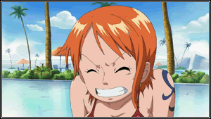 inoue eisaku, nami (one piece), one piece, animated, animated gif, anime screenshot, lowres, 1girl, bikini, bouncing breasts, breasts, cleavage, earrings, female focus, jewelry, large breasts, orange hair, sexually suggestive, solo, swimsuit, tattoo, tree