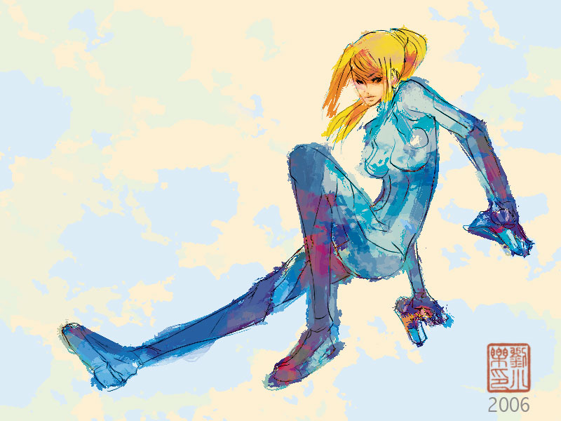 julia liu, samus aran, metroid, nintendo, 1girl, blonde hair, bodysuit, breasts, female focus, gun, long hair, ponytail, skin tight, solo, weapon, zero suit