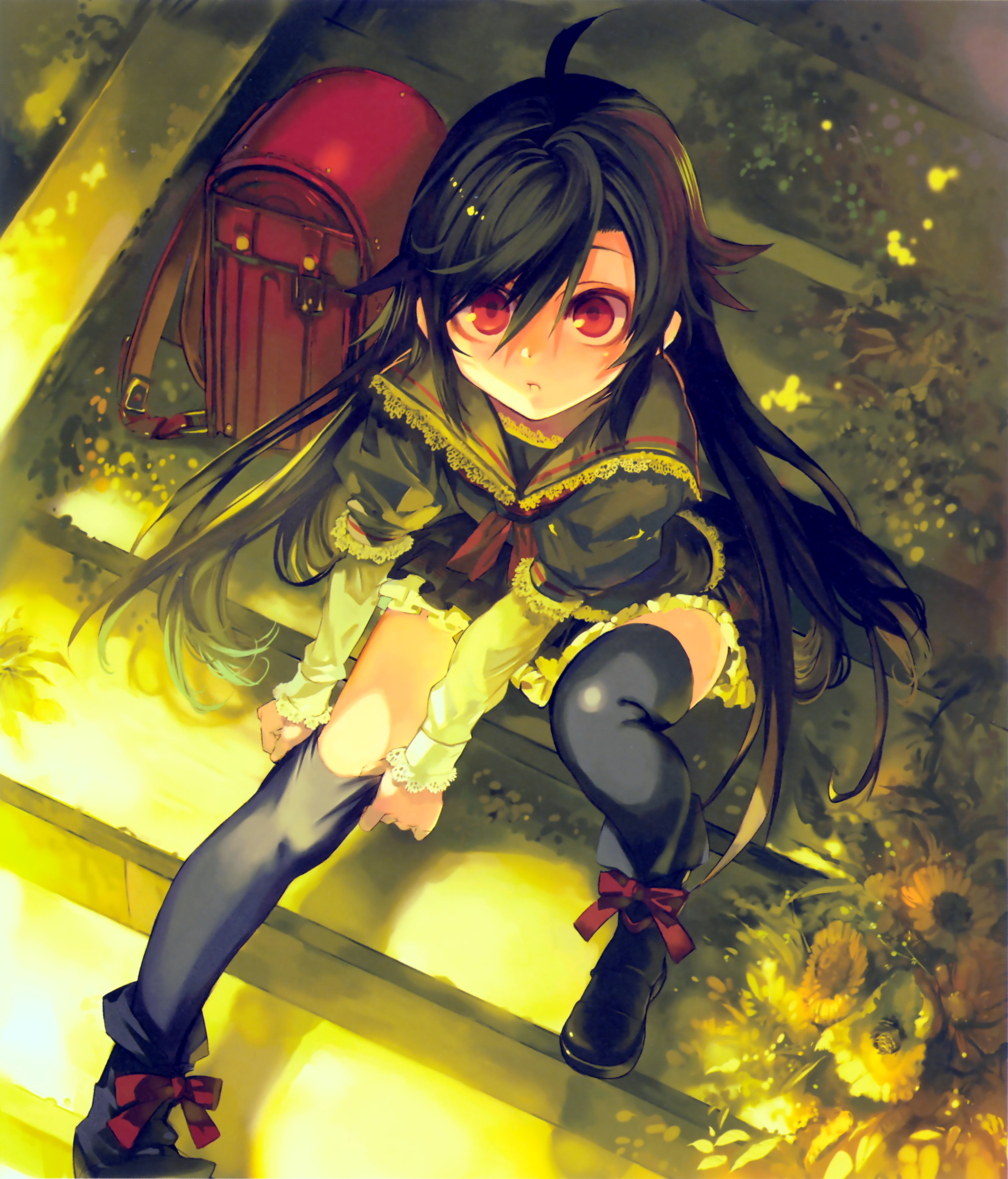 yamamoto yamato, kuhouin murasaki, kure-nai, kurenai, absurdres, highres, 00s, 1girl, adjusting clothes, adjusting legwear, ahoge, backpack, bag, black hair, child, female focus, flower, frills, from above, long hair, looking up, randoseru, red eyes, ribbon, school bag, school uniform, serafuku, sitting, sitting on stairs, skirt, sock pull, solo, stairs, thighhighs, undressing, zettai ryouiki