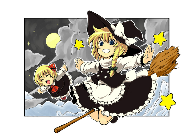 tsuttsu, kirisame marisa, rumia, embodiment of scarlet devil, touhou, bad id, bad pixiv id, 2girls, blonde hair, closed eyes, female focus, hat, moon, multiple girls, outdoors, outstretched arms, skirt, sky, spread arms, star (symbol)