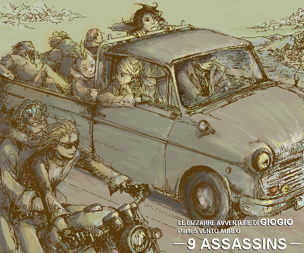 maona0813, formaggio, gelato (jojo), ghiaccio, illuso, melone, pesci, prosciutto (jojo), risotto nero, sorbet (jojo), jojo no kimyou na bouken, vento aureo, 6+boys, bicycle, car, everyone, male focus, morning, motor vehicle, motorcycle, multiple boys, multiple riders, pickup truck, truck, vehicle focus