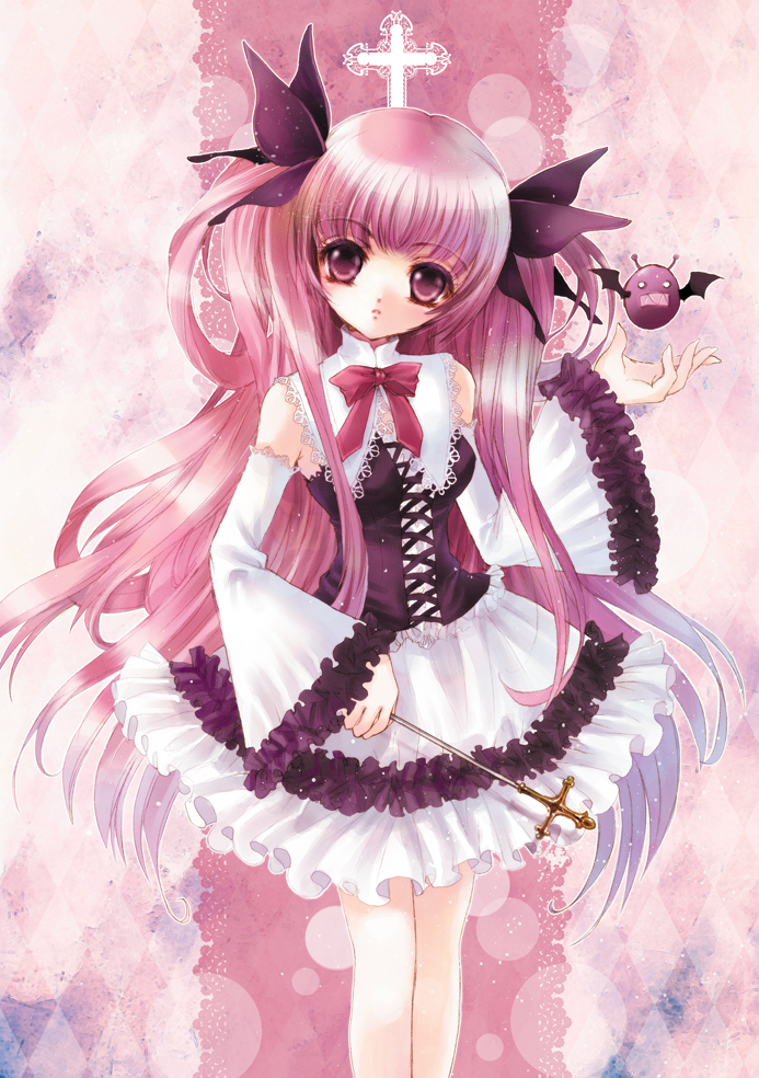 e~ji, original, bat wings, cross, detached sleeves, dress, frills, pink eyes, pink hair, solo, twintails, wings