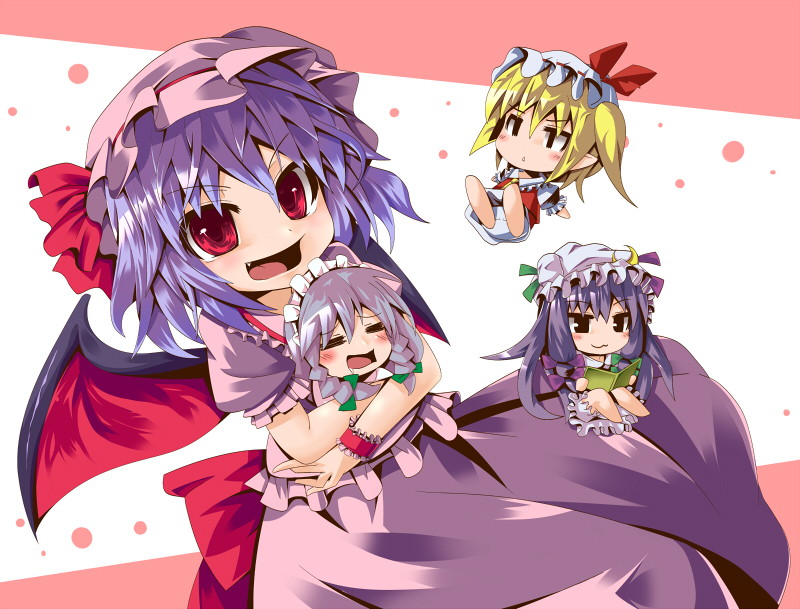 rando seru, sukanchinkasu, flandre scarlet, izayoi sakuya, patchouli knowledge, remilia scarlet, embodiment of scarlet devil, touhou, light purple hair, 4girls, :d, ^ ^, blonde hair, blush, chibi, closed eyes, dress, female focus, hat, hug, looking at viewer, mob cap, multiple girls, open mouth, pink dress, red eyes, size difference, smile, swimsuit