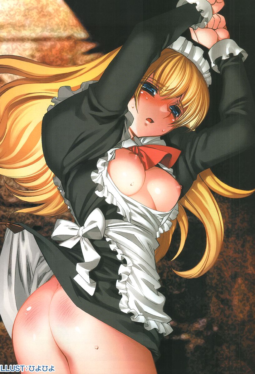 highres, ass, blonde hair, blush, breasts, long hair, maid, spanked, tears