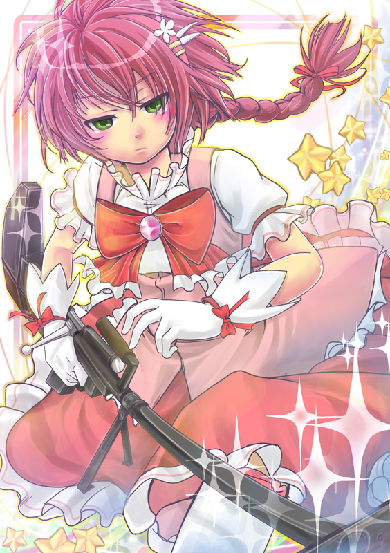 aikura (twilight dusk), suou pavlichenko, darker than black, 1girl, alternate costume, anti-materiel rifle, blush, bolt action, bow, braid, dress, female focus, gloves, gun, magical girl, parody, pink hair, ptrd-41, red hair, rifle, sniper rifle, solo, sparkle, weapon