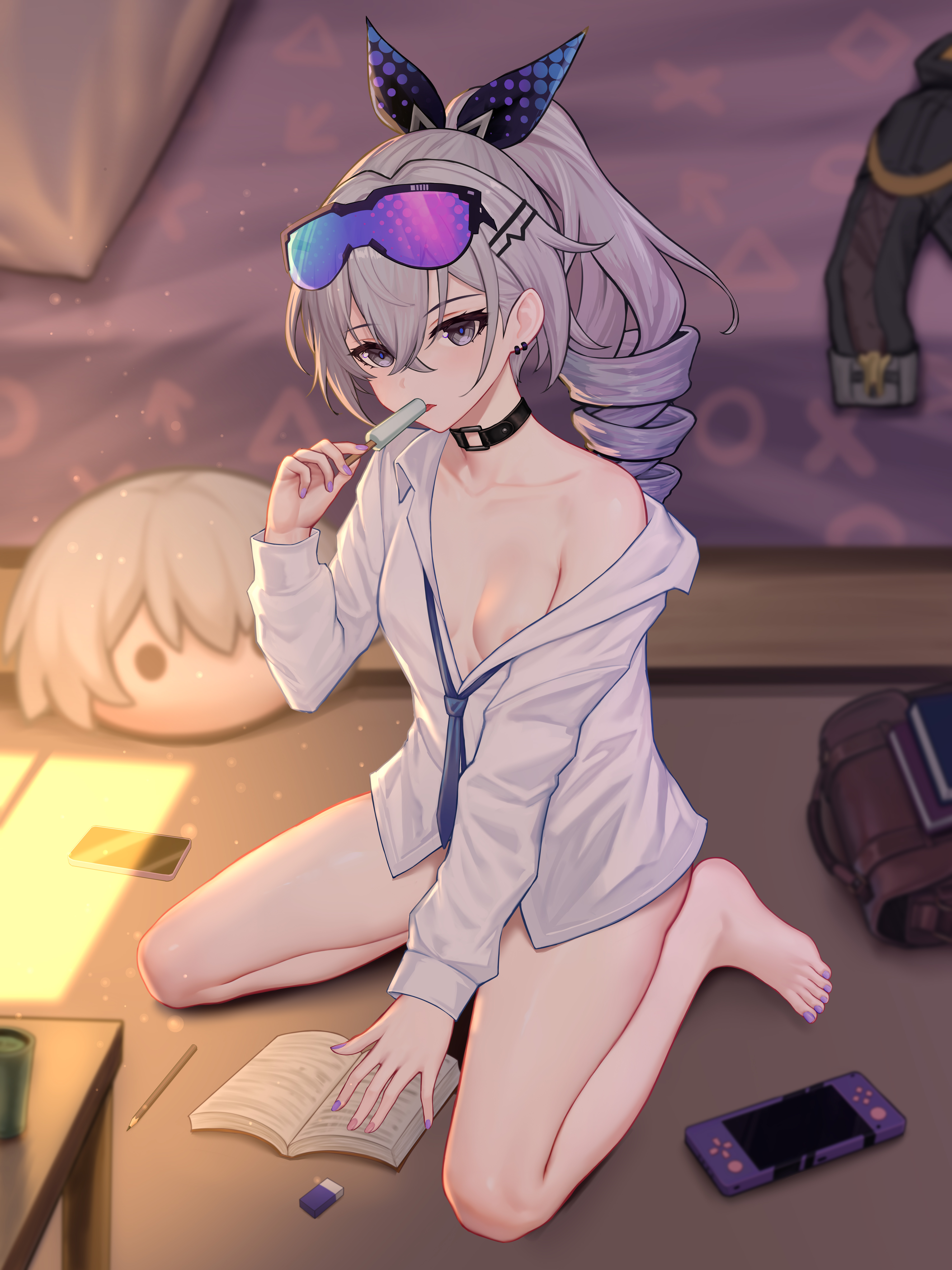 yunkaiming, silver wolf (honkai: star rail), honkai: star rail, honkai (series), absurdres, commentary request, highres, large variant set, variant set, 1girl, alternate costume, barefoot, black choker, blue necktie, book, breasts, choker, collarbone, drill hair, eraser, eyewear on head, food, full body, goggles, grey eyes, grey hair, hair between eyes, hand up, handheld game console, holding, holding food, holding popsicle, indoors, long hair, long sleeves, looking at viewer, necktie, nipples, no bra, open book, parted lips, pencil, popsicle, purple hair, seiza, shirt, single off shoulder, sitting, small breasts, solo, white shirt