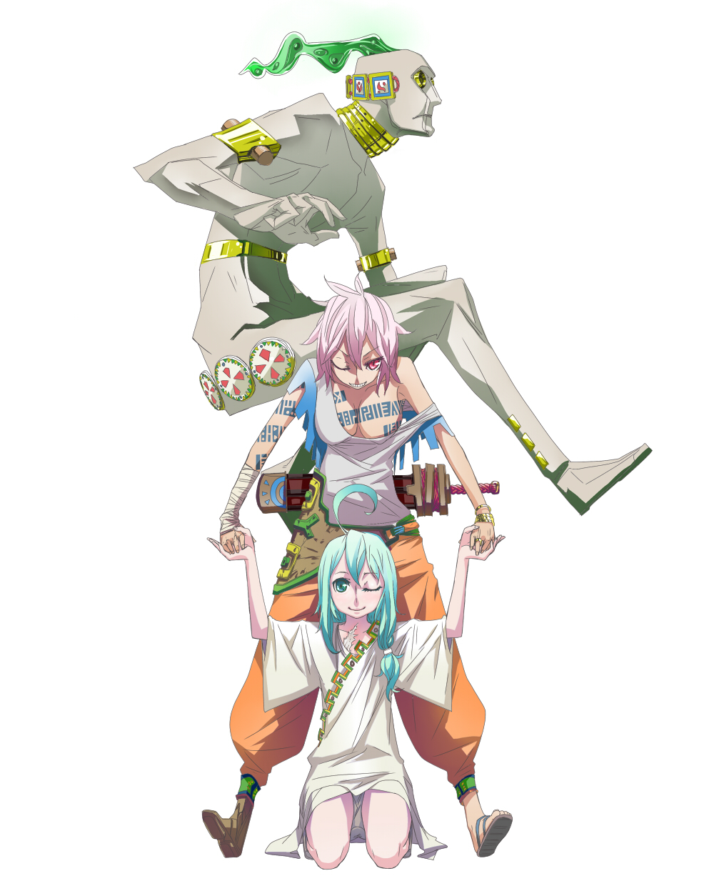 arabahama, original, highres, 1boy, 2girls, ahoge, aqua eyes, aqua hair, kneeling, multiple girls, pink hair, red eyes, scar, sword, tattoo, weapon