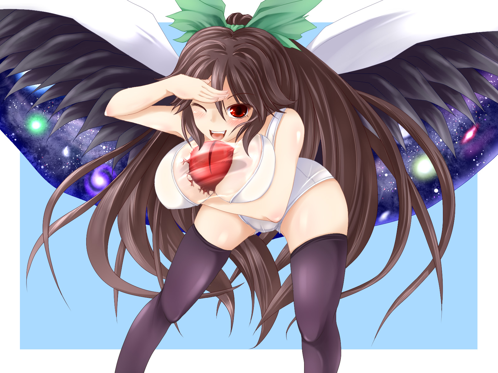 negamaro, reiuji utsuho, touhou, highres, 1girl, breasts, female focus, large breasts, one-piece swimsuit, one eye closed, ribbon, solo, swimsuit, thighhighs, white one-piece swimsuit, wings, wink