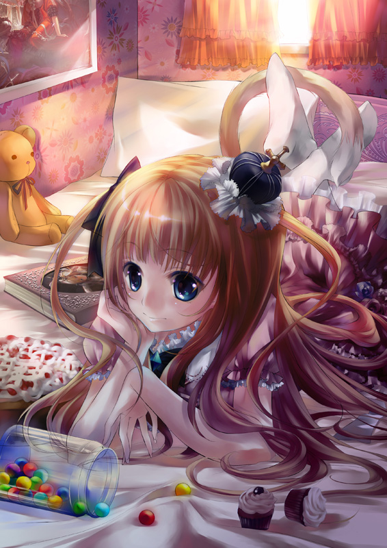 lilithbloody, bad id, bad pixiv id, arm support, bed, blue eyes, brown hair, candy, crown, cupcake, food, long hair, lying, mini crown, on stomach, smile, socks, solo, stuffed animal, stuffed toy, sunlight, teddy bear, white socks