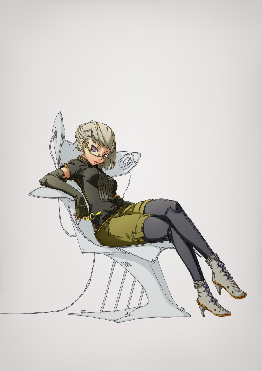 arabahama, original, highres, 1girl, breasts, cable, chair, elbow gloves, female focus, full body, glasses, gloves, gradient background, grey hair, legs, lips, on chair, purple eyes, short hair, solo, speaker