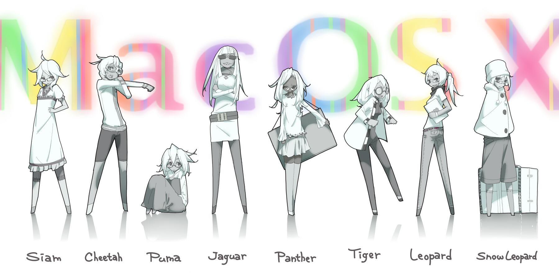 arabahama, osx, os-tan, highres, long image, wide image, 6+girls, english text, glasses, multiple girls, pantyhose, personification