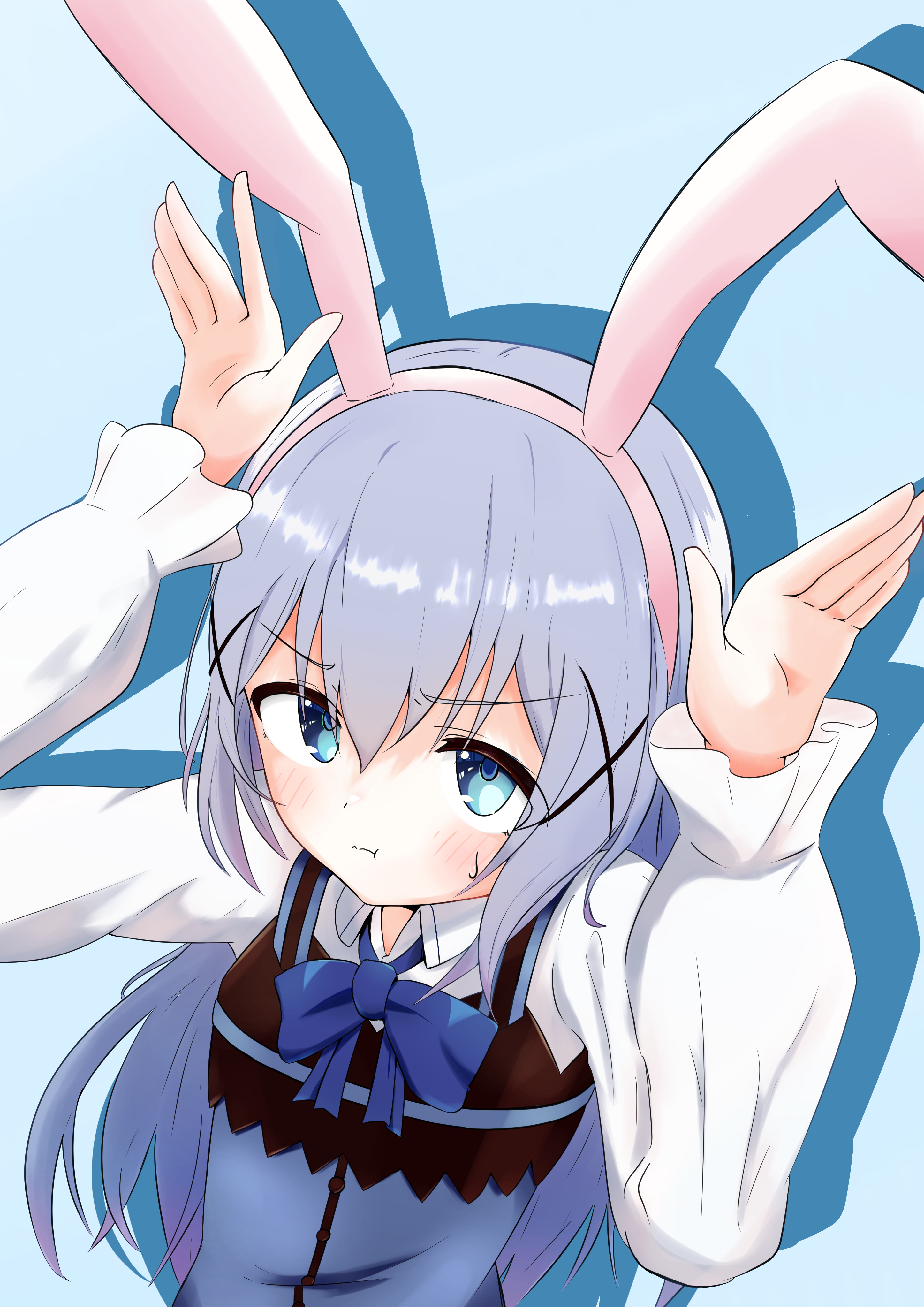 kafuu chino, gochuumon wa usagi desu ka?, absurdres, commentary request, highres, 1girl, animal ear hairband, animal ears, apron, blue apron, blue background, blue bow, blue eyes, blue hair, blue theme, blush, bow, breasts, closed mouth, collared shirt, dot nose, drop shadow, fake animal ears, from above, furrowed brow, hair ornament, hairband, long hair, long sleeves, looking at viewer, looking up, lop rabbit ears, n0wak1ch1, pout, rabbit ear hairband, rabbit ears, rabbit house uniform, rabbit pose, shirt, small breasts, solo, upper body, white shirt, winter uniform, x hair ornament