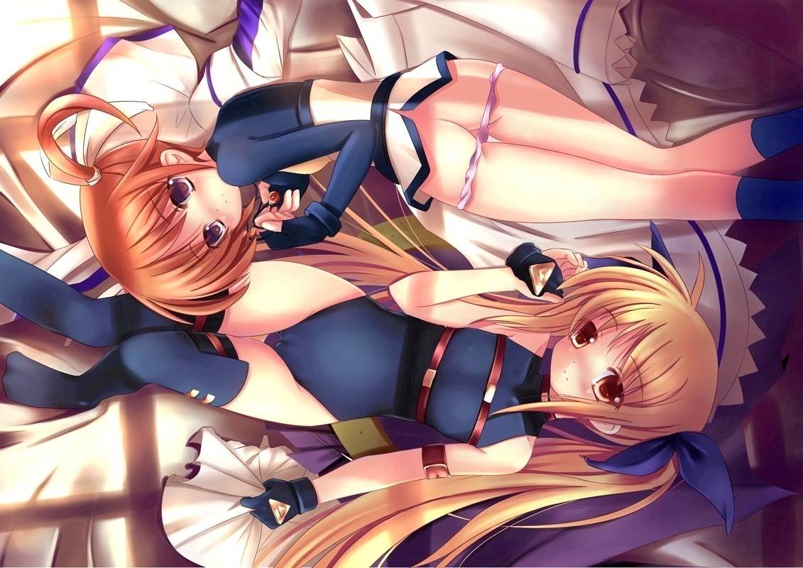 mistayoh, mycstea, bardiche (nanoha), bardiche (standby form) (nanoha), fate testarossa, fate testarossa (movie 1st form), raising heart, raising heart (standby mode), takamachi nanoha, lyrical nanoha, mahou shoujo lyrical nanoha, 00s, 2girls, ass, blonde hair, blue eyes, bottomless, brown hair, flat chest, gloves, hair ribbon, leotard, loli, long hair, multiple girls, no pants, panties, panty pull, red eyes, ribbon, thighhighs, twintails, underwear