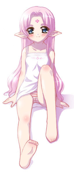 blue eyes, blush, flat chest, loli, long hair, nightgown, panties, pink hair, pointy ears, smile, solo, striped clothes, striped panties, underwear, very long hair