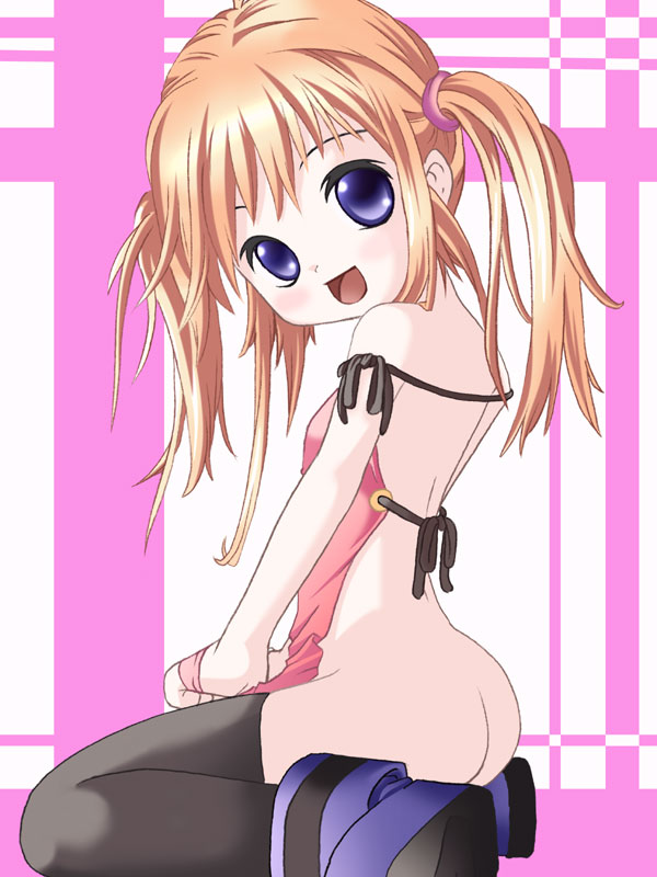 apron, blonde hair, blue eyes, blush, boots, flat chest, loli, naked apron, ponytail, smile, solo, thighhighs
