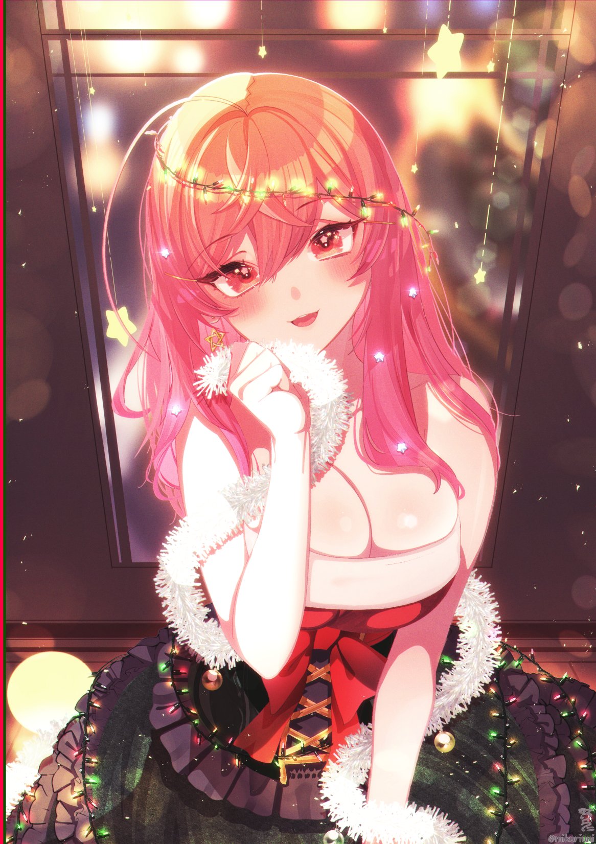 unier, ichijou ririka, hololive, hololive english, commentary, english commentary, highres, 1girl, ahoge, bare shoulders, breasts, christmas, christmas lights, cleavage, dress, green dress, hair between eyes, large breasts, looking at viewer, orange hair, red eyes, star (symbol), upper body, wooden floor