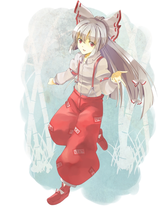 hasebe yuusaku, fujiwara no mokou, touhou, silver hair, bad id, bad pixiv id, 1girl, bow, female focus, full body, hair bow, hair ribbon, long hair, multiple hair bows, nature, outdoors, red eyes, ribbon, solo, suspenders