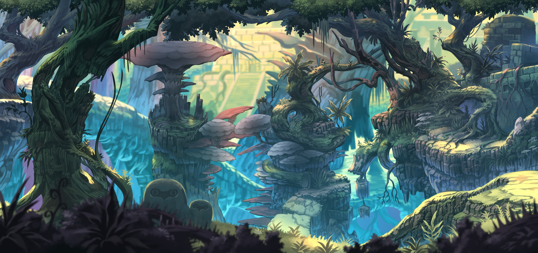 nagi itsuki, original, pixiv fantasia, pixiv fantasia age of starlight, commentary request, highres, blurry, blurry background, blurry foreground, day, depth of field, forest, nature, no humans, outdoors, scenery, statue, tree