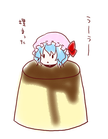 kuromame (8gou), remilia scarlet, touhou, bad id, bad pixiv id, lowres, translated, 1girl, :<, blue hair, buried, chibi, female focus, food, in food, pudding, simple background, solo, uu~, white background