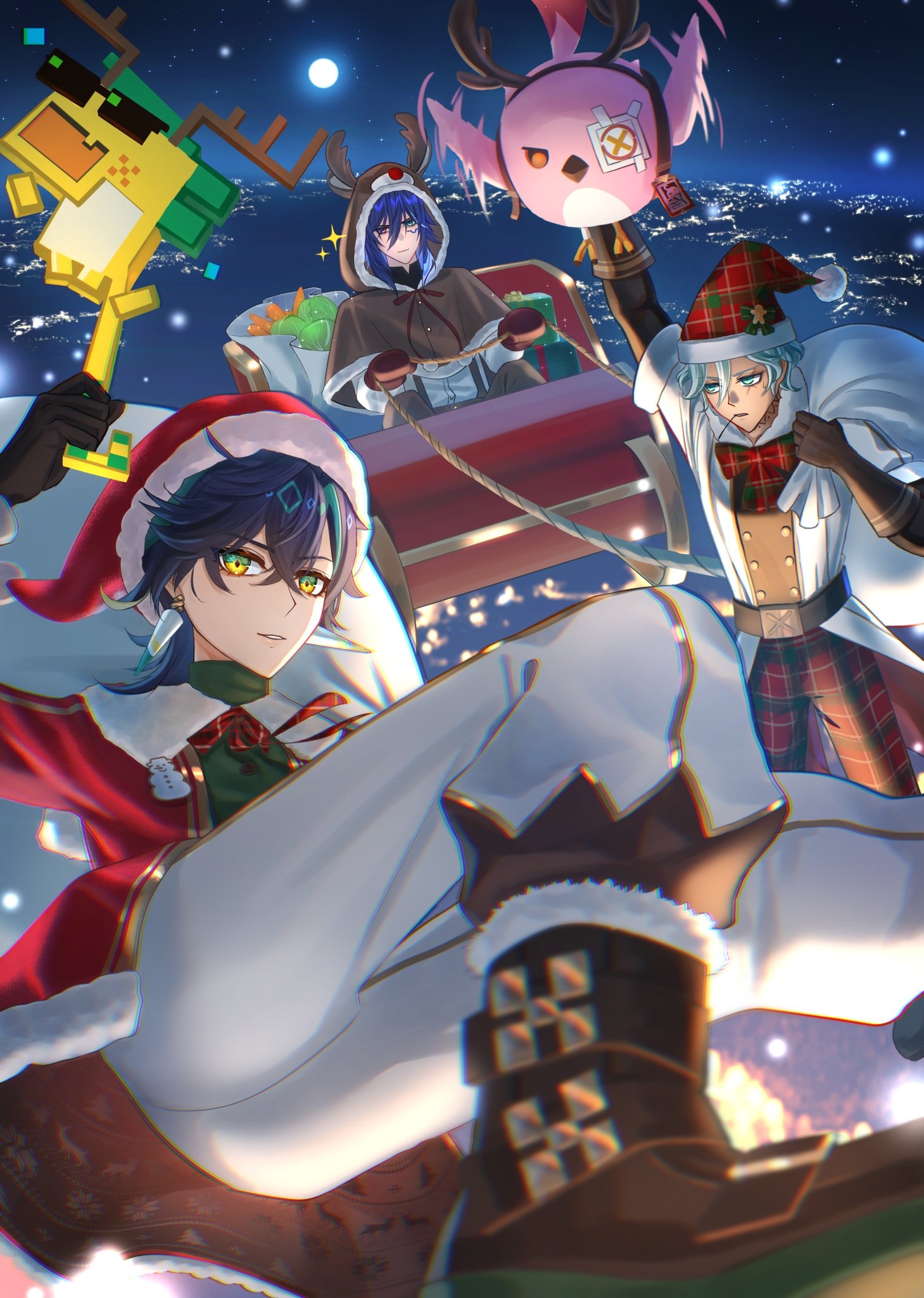 warp226, ajaw (genshin impact), cacucu (genshin impact), ifa (genshin impact), kinich (genshin impact), ororon (genshin impact), genshin impact, commentary, english commentary, highres, 3boys, antlers, arm up, black hair, blue eyes, blue hair, bow, bowtie, brown capelet, brown gloves, brown shoes, cabbage, capelet, carrot, closed mouth, earrings, fake antlers, fur-trimmed capelet, fur-trimmed headwear, fur trim, gloves, green eyes, hair between eyes, hat, heterochromia, holding, holding sack, hood, hooded capelet, horns, jewelry, looking at viewer, male focus, mittens, multicolored eyes, multiple boys, night, outdoors, pants, parted lips, pom pom (clothes), red bow, red bowtie, red eyes, red hat, red mittens, red pants, reindeer antlers, sack, shoes, sitting, sleigh, two-tone eyes, white pants, yellow eyes