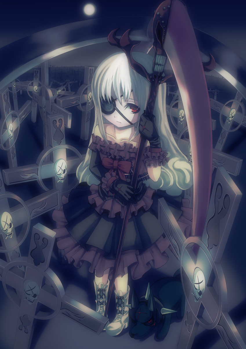 yuunagi (seventh heaven), original, silver hair, bad id, bad pixiv id, highres, 1girl, cross, dog, eyepatch, female focus, full body, gothic lolita, graveyard, lolita fashion, long hair, moon, red eyes, scythe, solo