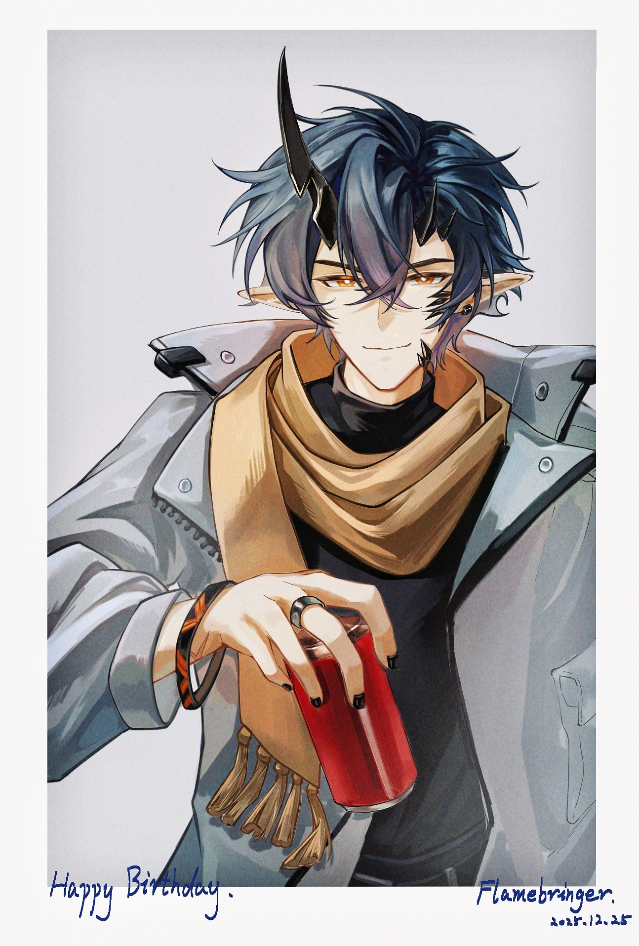 brisevent-ash, flamebringer (arknights), arknights, chinese commentary, commentary request, highres, 1boy, black hair, black horns, black nails, black shirt, border, bright pupils, brown scarf, character name, closed mouth, dated, drink, fingernails, fringe trim, grey background, grey jacket, happy birthday, holding, holding drink, horns, jacket, jewelry, long sleeves, looking at viewer, male focus, material growth, nail polish, open clothes, open jacket, oripathy lesion (arknights), pointy ears, ring, scarf, shirt, short hair, smile, solo, tassel, turtleneck, turtleneck shirt, upper body, white border, white pupils, yellow eyes