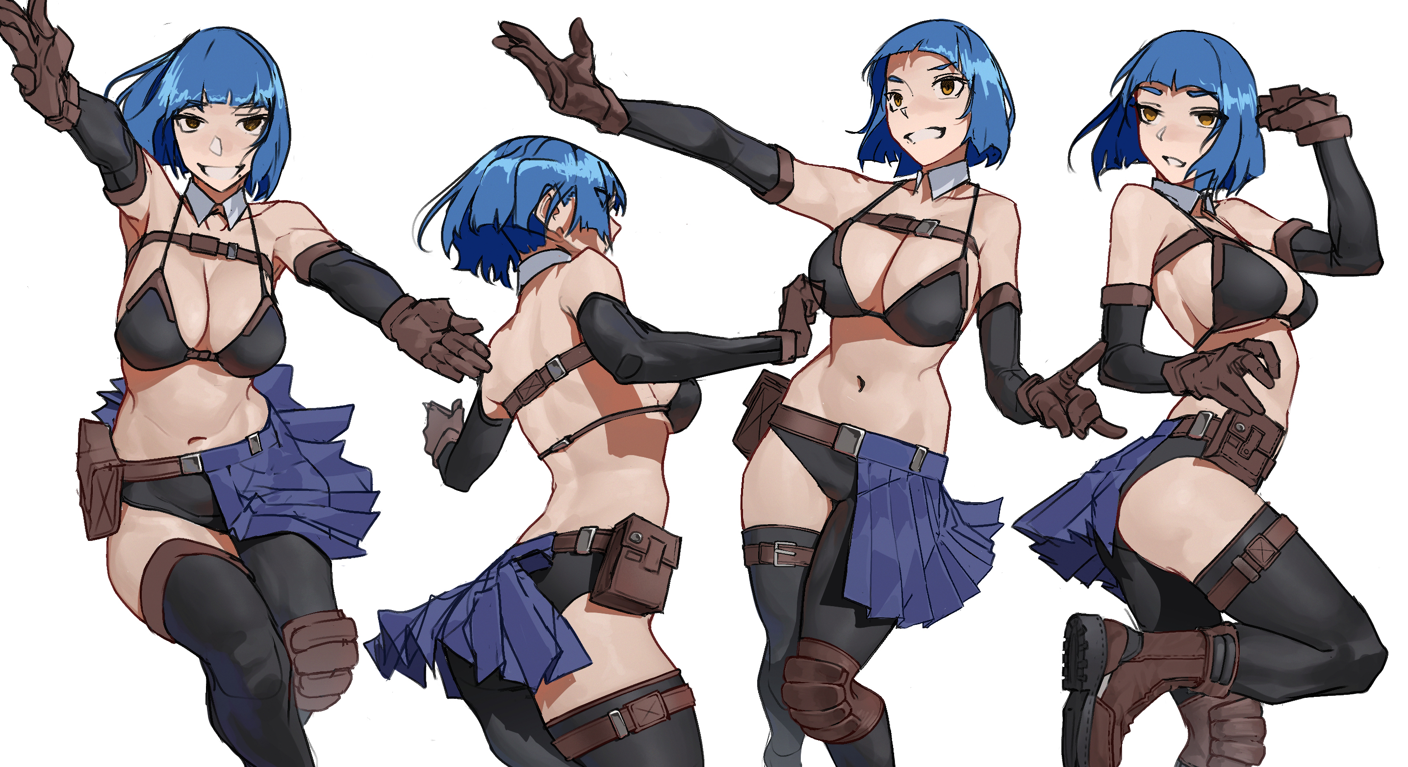 tbocart, original, commentary, highres, 1girl, armpit crease, ass, back, bare shoulders, belt, belt pouch, bikini, bikini top only, black bikini, black gloves, blue hair, boots, breasts, brown belt, brown boots, brown gloves, detached collar, elbow gloves, feet out of frame, floating hair, gloves, knee up, large breasts, leg wrap, looking at viewer, multiple views, navel, pouch, short hair, simple background, smile, standing, stomach, swimsuit, white background, yellow eyes