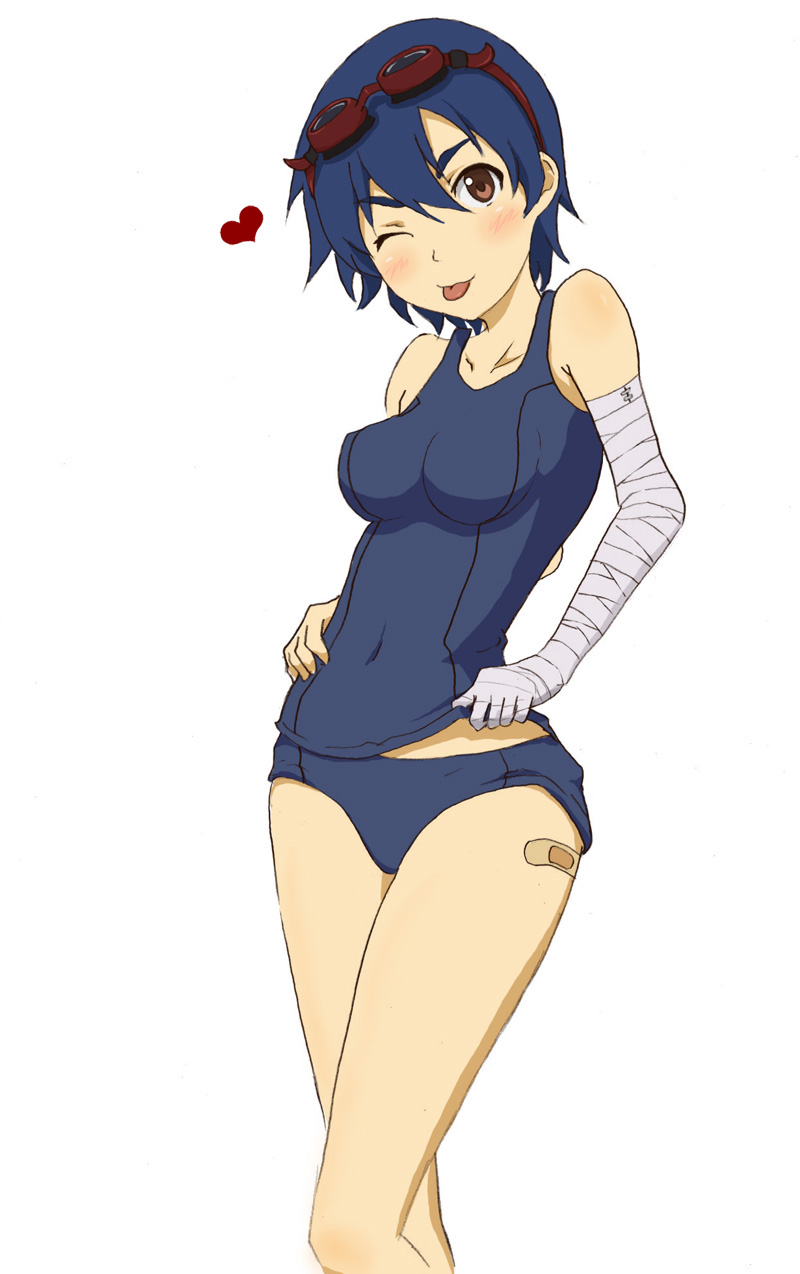 murata isshin, kanbaru suruga, bakemonogatari, monogatari (series), highres, 00s, 1girl, :p, ;p, bandaged arm, bandages, bandaid, blue hair, covered navel, female focus, goggles, goggles on head, heart, one-piece swimsuit, one eye closed, school swimsuit, school swimsuit flap, short hair, simple background, solo, swimsuit, tongue, tongue out, white background, wink
