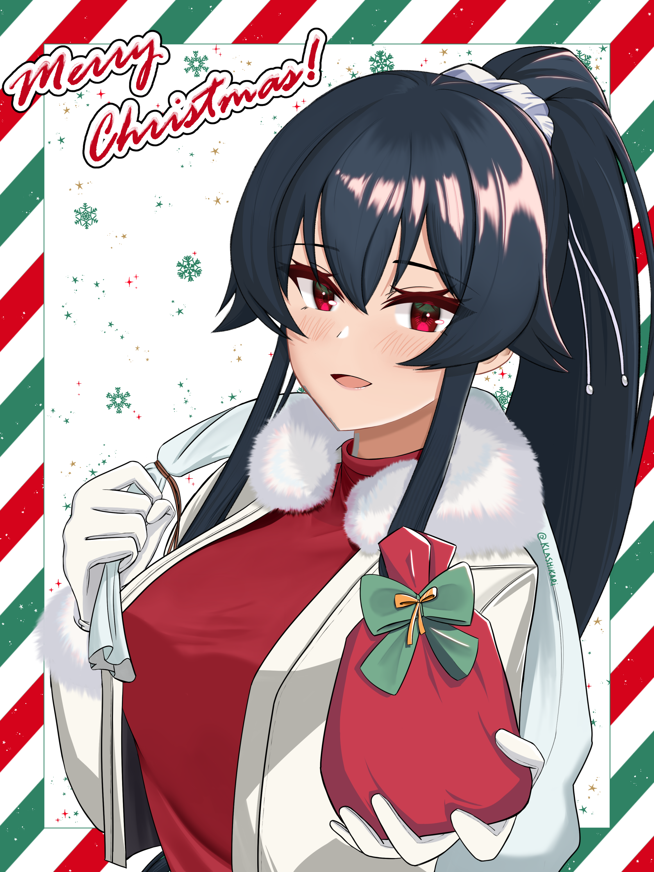 klashikari, yahagi (christmas) (kancolle), yahagi (kancolle), kantai collection, absurdres, commentary request, highres, 1girl, bag, black hair, fur-trimmed jacket, fur trim, gloves, jacket, long hair, looking at viewer, merry christmas, red eyes, red sweater, satchel, sidelocks, smile, solo, sweater, white gloves, white jacket