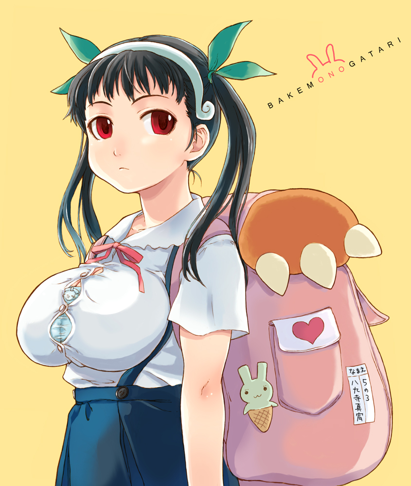 takagi hideaki, hachikuji mayoi, bakemonogatari, monogatari (series), bad id, bad pixiv id, 00s, 1girl, alternate breast size (larger), backpack, bag, black hair, breasts, bursting breasts, female focus, hairband, huge breasts, randoseru, red eyes, school uniform, solo, straining buttons, twintails