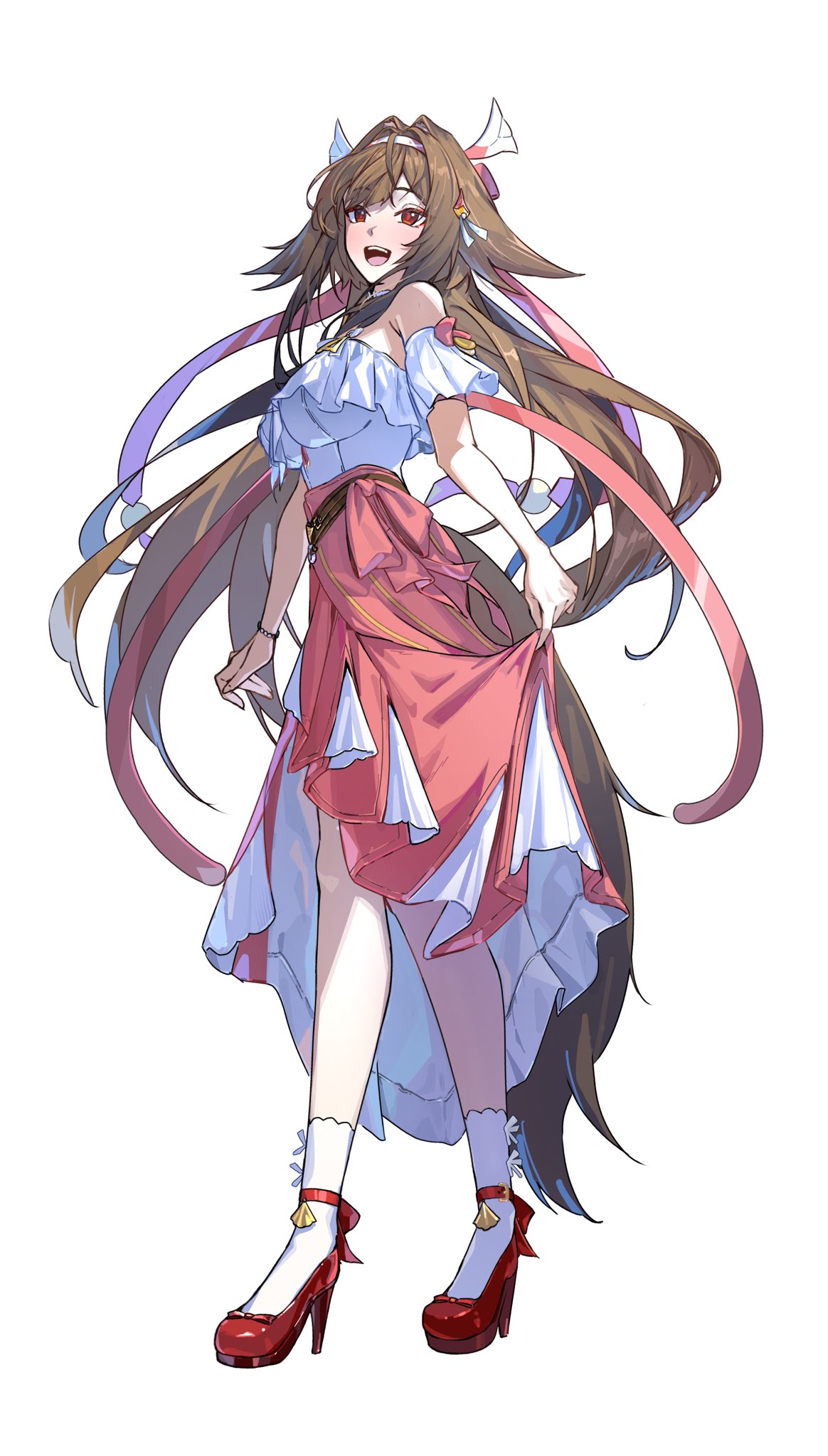 yoruta (yossy puyo holo), belion (zenless zone zero), ye shunguang, zenless zone zero, commentary request, highres, 1girl, armband, bag, bare shoulders, bracelet, breasts, brown hair, collar, droopy ears, frilled armband, frilled collar, frilled shirt, frilled shirt collar, frills, hairband, high heels, holding, holding bag, indoors, jewelry, large breasts, long hair, long skirt, multicolored hairband, official alternate costume, open mouth, red bag, red eyes, red hairband, red shoes, red skirt, shirt, shoes, simple background, skirt, skirt hold, socks, tail, white armband, white background, white hairband, white socks, ye shunguang (touch of dawnlight)