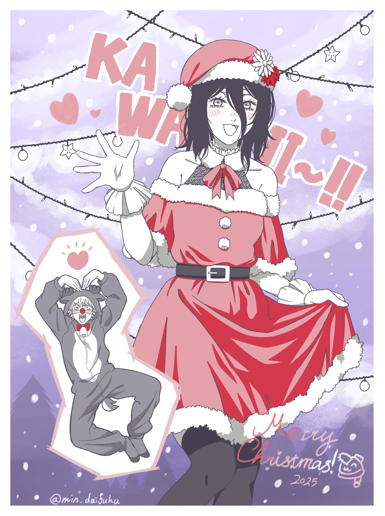 denji (chainsaw man), reze (chainsaw man), chainsaw man, commentary request, highres, 1boy, 1girl, 2025, animal costume, bare shoulders, belt, black belt, black hair, black thighhighs, blush, border, bow, bowtie, christmas, christmas lights, cowboy shot, dress, flower, fur-trimmed dress, fur trim, hair between eyes, halterneck, hat, hat flower, heart arms, medium hair, merry christmas, min daifuku, off-shoulder dress, off shoulder, open mouth, purple background, red bow, red bowtie, red dress, red flower, reindeer costume, santa costume, santa dress, santa hat, smile, snowing, thighhighs, waving, white border, white flower