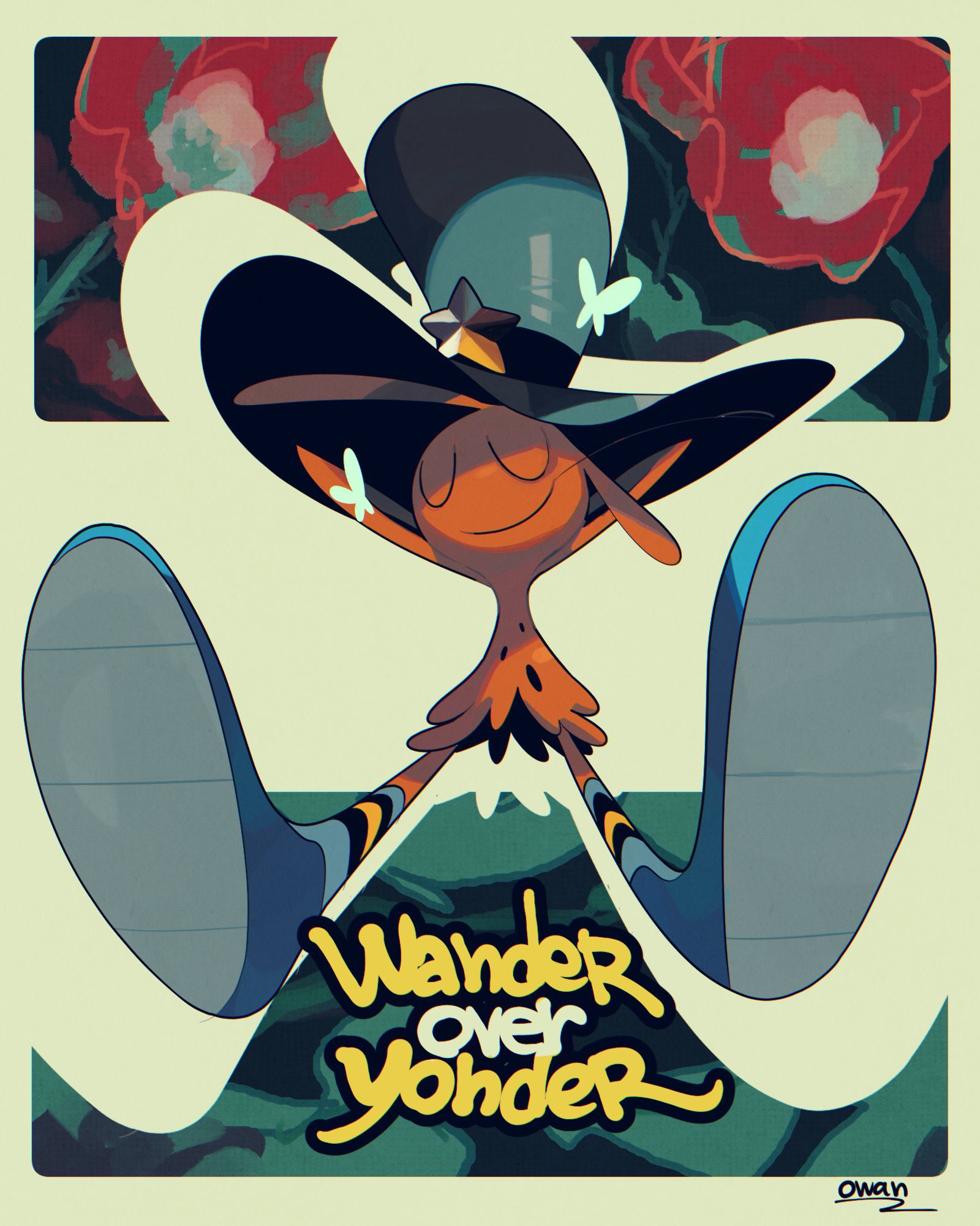 wander over yonder, highres, 1boy, alien, arms behind head, b0 vvl, blue shoes, bug, butterfly, closed eyes, closed mouth, copyright name, green hat, hat, insect, male focus, orange fur, shoes, signature, sleeping, smile, solo, star (symbol), wander (wander over yonder)
