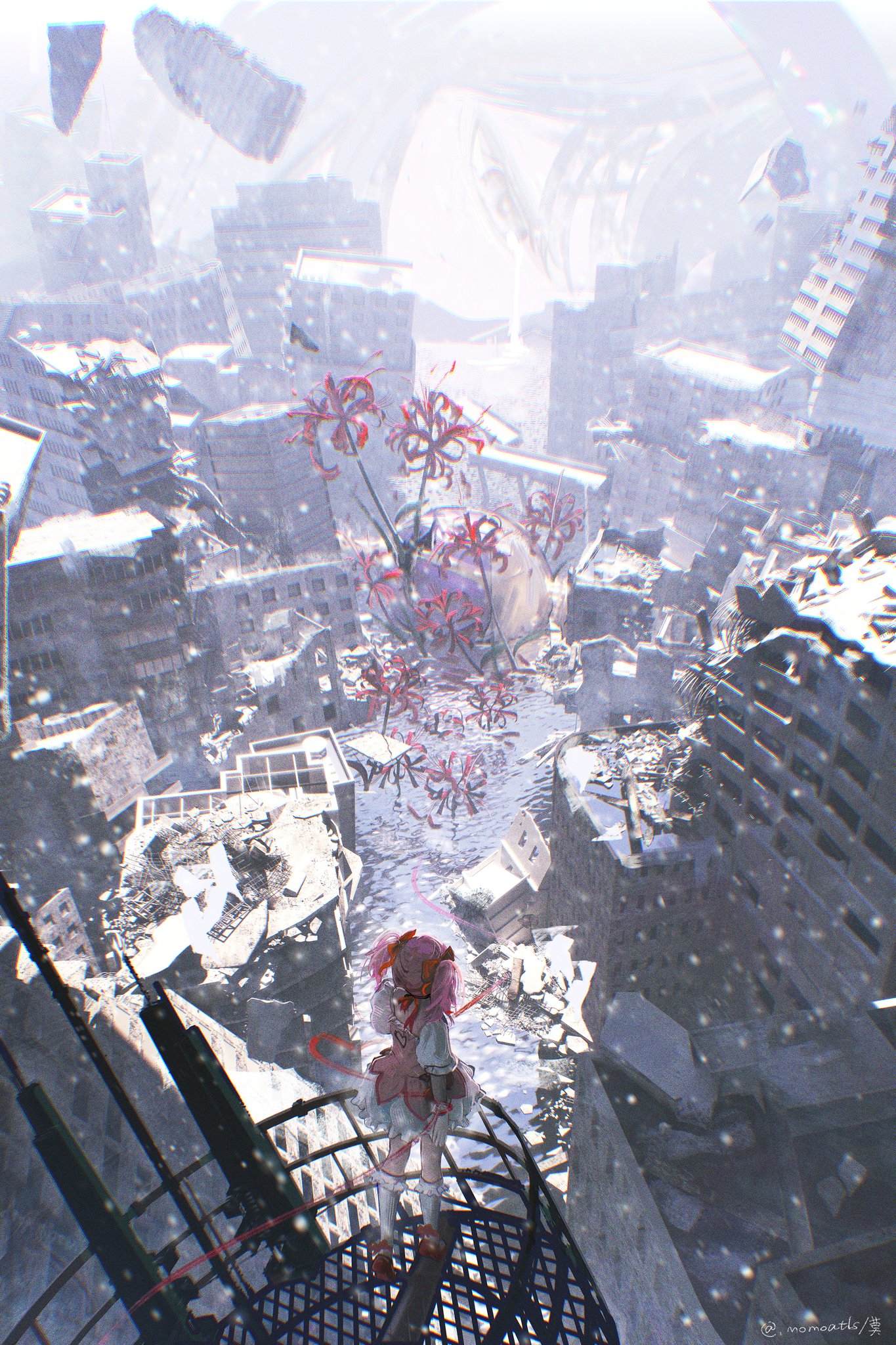 akemi homura, homulilly, kaname madoka, kaname madoka (magical girl), mahou shoujo madoka magica, mahou shoujo madoka magica (anime), hashtag-only commentary, highres, 1girl, bow, bow choker, bubble skirt, choker, dress, flower, frilled socks, frills, full body, magical girl, momoatls, pink dress, pink hair, post-apocalypse, puffy short sleeves, puffy sleeves, red choker, red shoes, rubble, ruins, shirt, shoes, short sleeves, short twintails, skirt, socks, solo, spider lily, standing, twintails, white shirt, white socks, wide shot