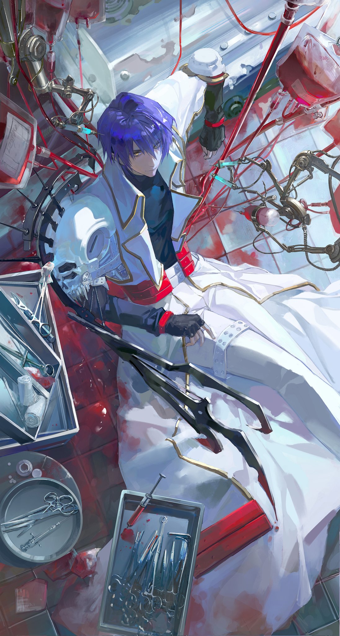 meowmeowmeow326, legato bluesummers, trigun, commentary request, highres, 1boy, bandages, belt around waist, blood, blood bag, blue hair, coat, fingerless gloves, gloves, scissors, short hair, shoulder spikes, skull ornament, spikes, syringe, white coat, yellow eyes