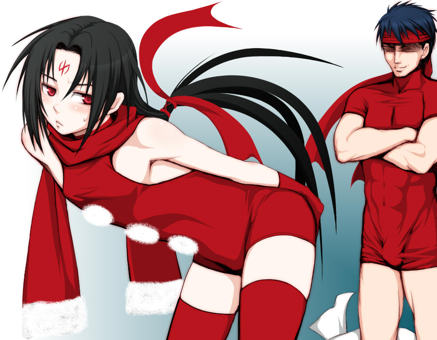 ike (fire emblem), soren (fire emblem), fire emblem, fire emblem: path of radiance, nintendo, 2boys, abs, black hair, blue hair, bulge, christmas, crossed arms, gloves, headband, long hair, male focus, multiple boys, naughty face, ponytail, red eyes, scarf, skin tight, sleeveless, thighhighs, trap, yaoi