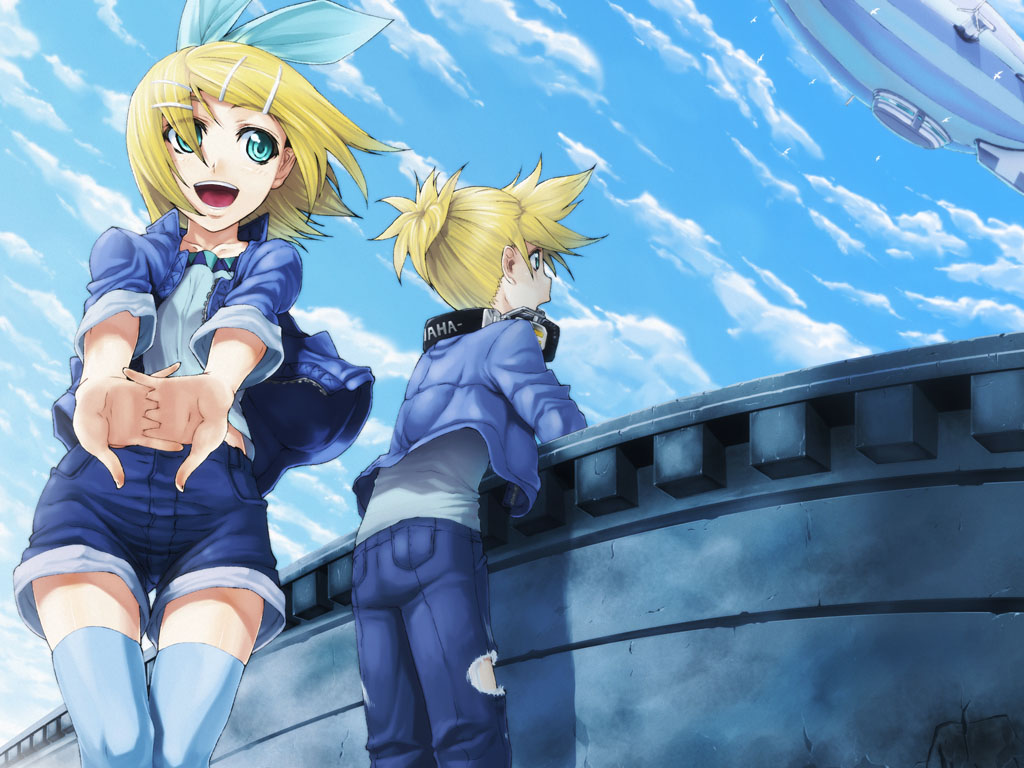 ifuji shinsen, kagamine len, kagamine rin, vocaloid, 1boy, 1girl, aqua eyes, blonde hair, brother and sister, cloud, day, denim, denim shorts, interlocked fingers, jacket, jeans, palms, pants, shorts, siblings, sky, smile, thighhighs, torn clothes, twins